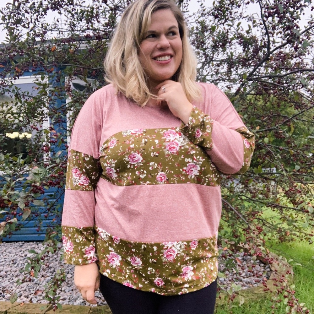 NWT Floral & Heathered Pink Color Block Top